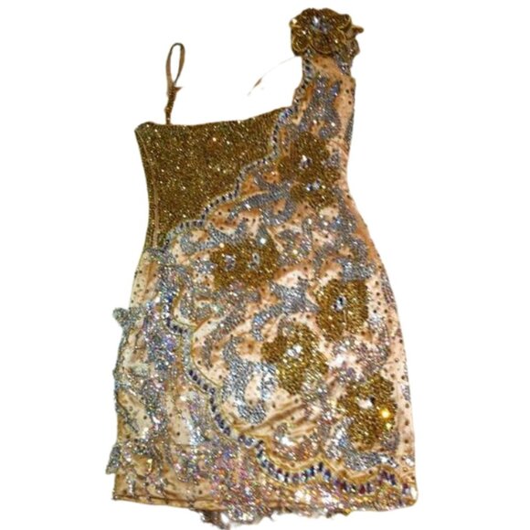 Couture Swarovski Crystals Luxury Flowers Fringes Designer Cocktail Runway Dress - Picture 12 of 12